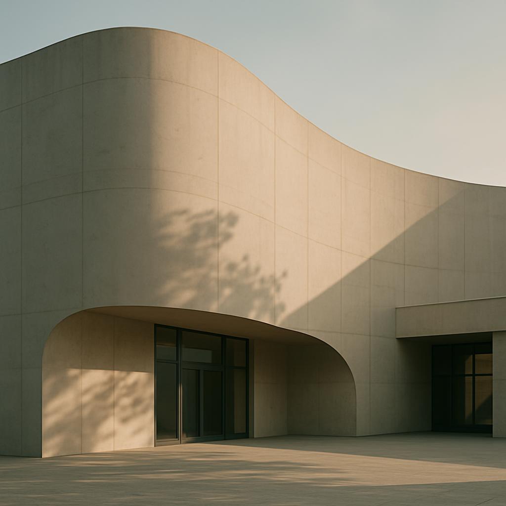 Un bâtiment moderne avec une forme de vague en béton.