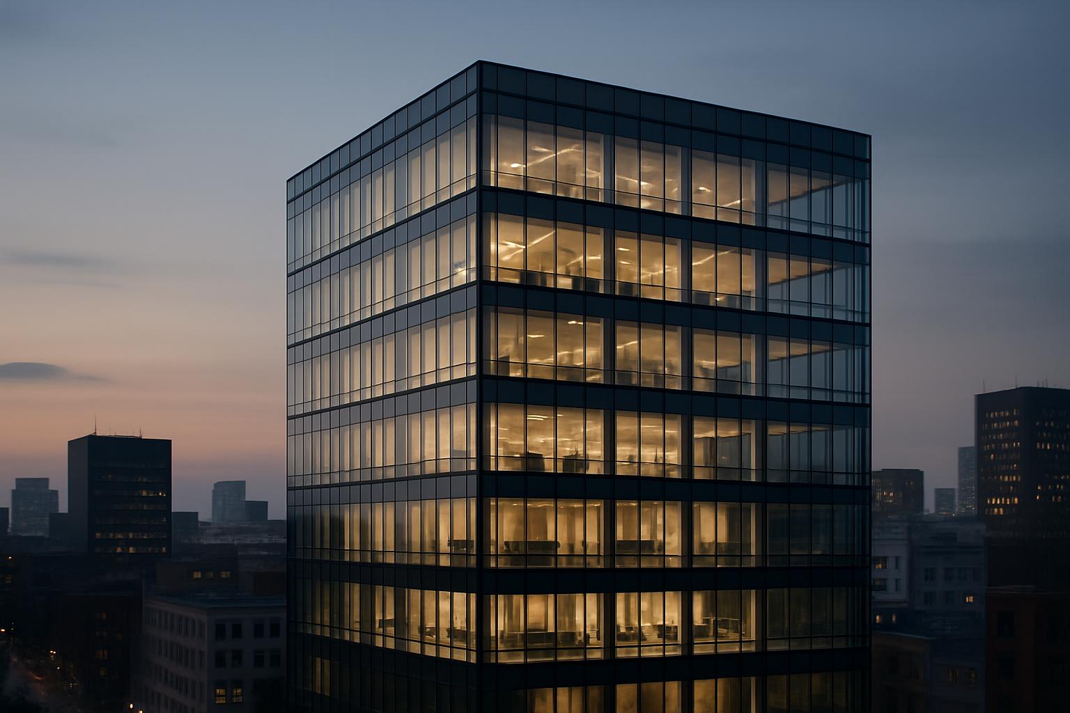 Un bâtiment maison de verre modern avec de grandes vitres éclairées illuminé au coucher du soleil dans une grande ville so...
