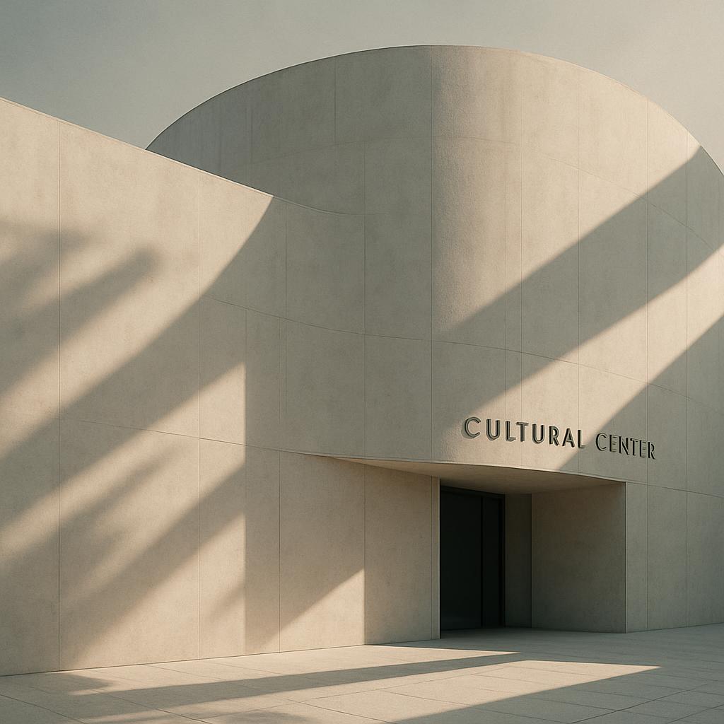 A modern cultural center with a large, curved wall and a smaller, rectangular building in front, under the sunlight.
