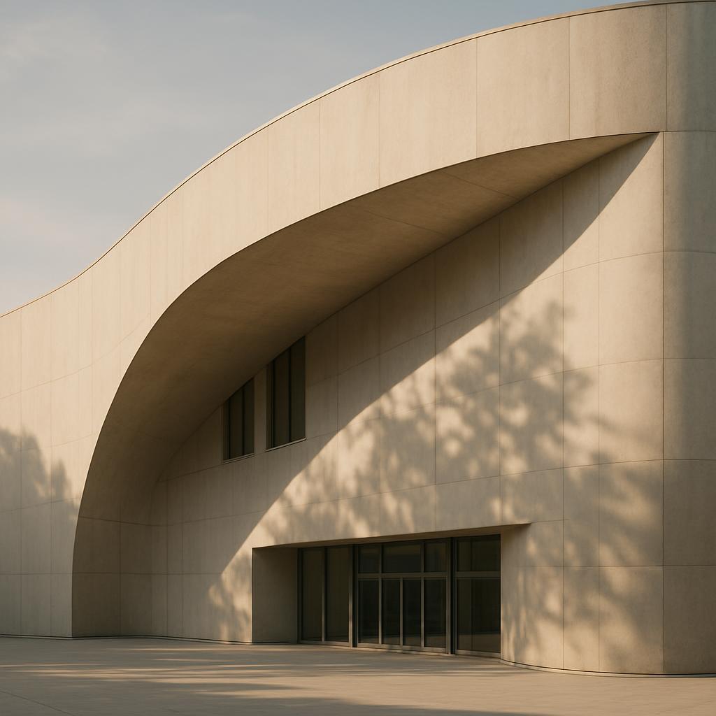 Un bâtiment moderne inachevé et à architecure contemporaine, avec une façade blanche et des ombres projetées.