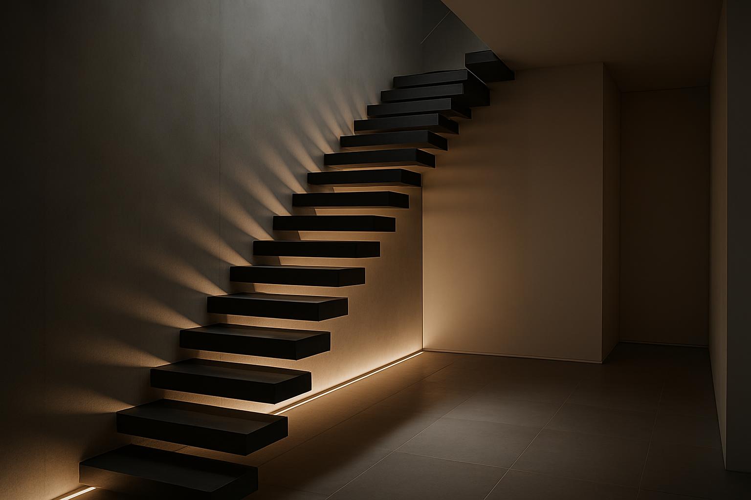 Des escaliers illuminés par des projecteurs dans une pièce sombre.