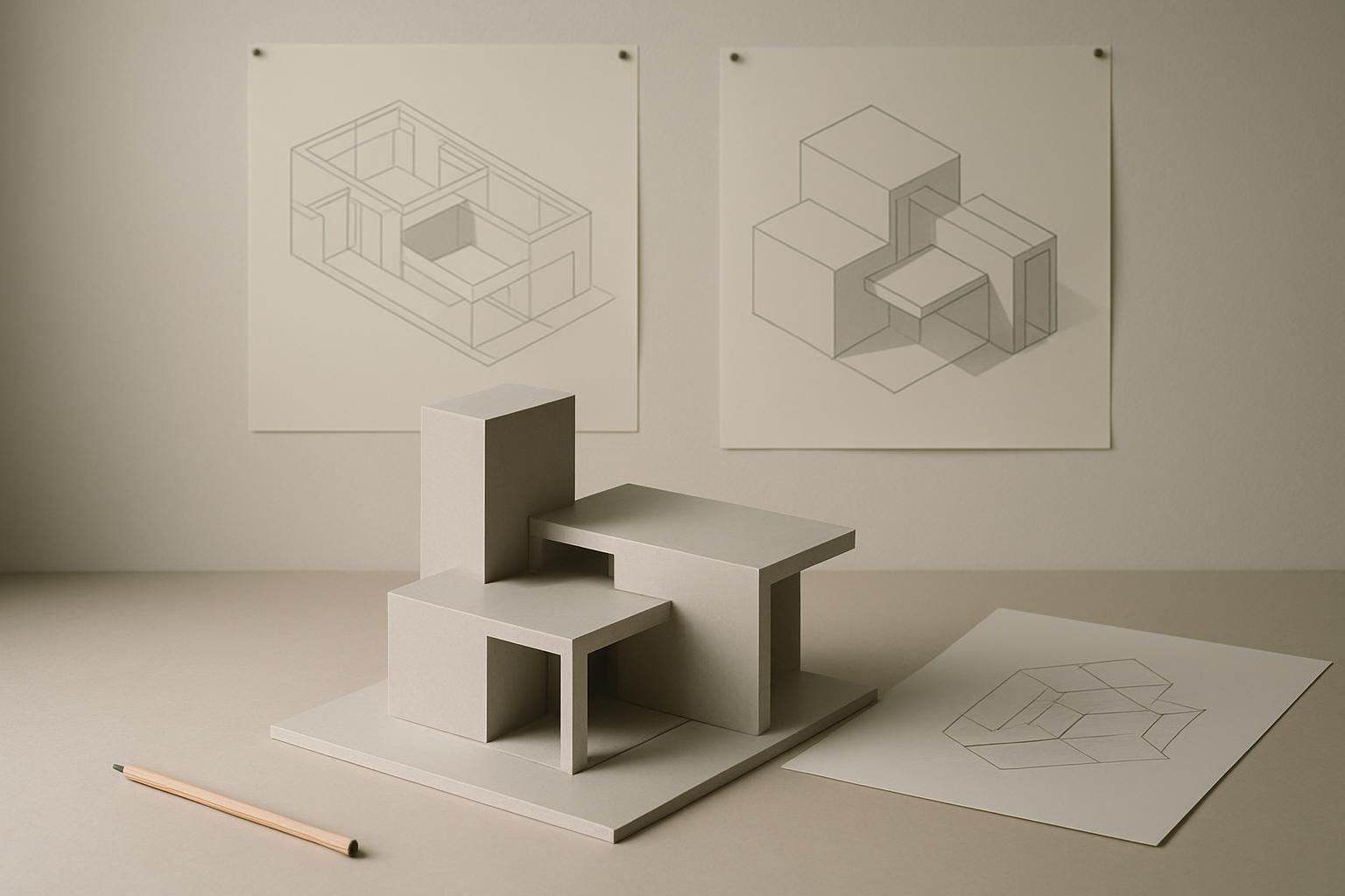 Monumental sculpture inspired by M.C. Escher's geometric works, featuring stacked gray shapes with linear elements.