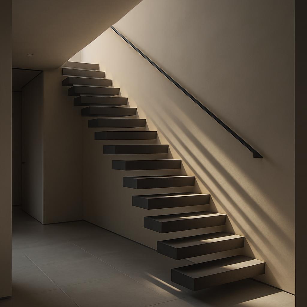 Un escalier en faisceau à marches plates et blanches contre un mur, avec une fenêtre donnant sur l'extérieur.